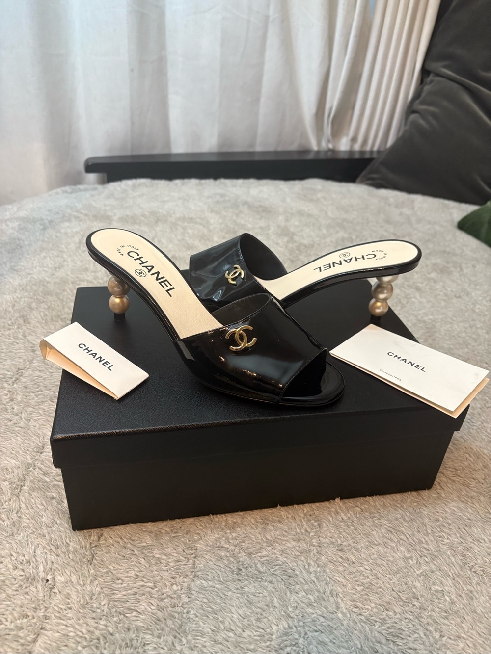 Chanel Patent Lambskin CC Mules with Pearl Heels